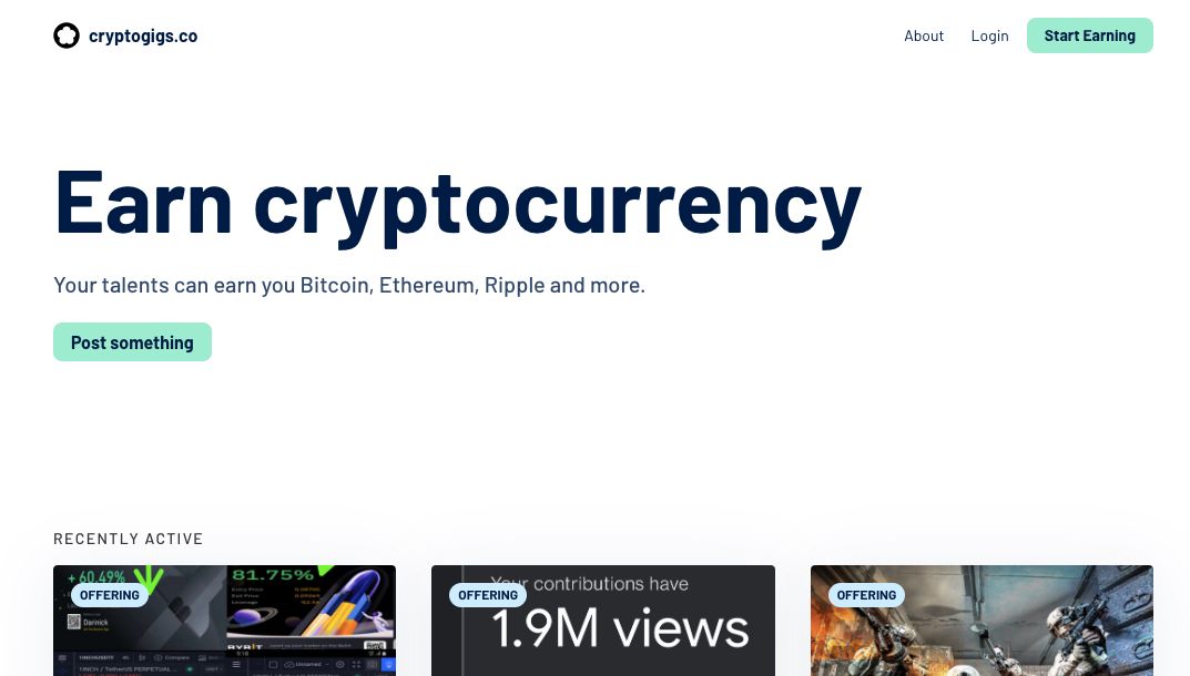 Screenshot of CryptoGigs Homepage