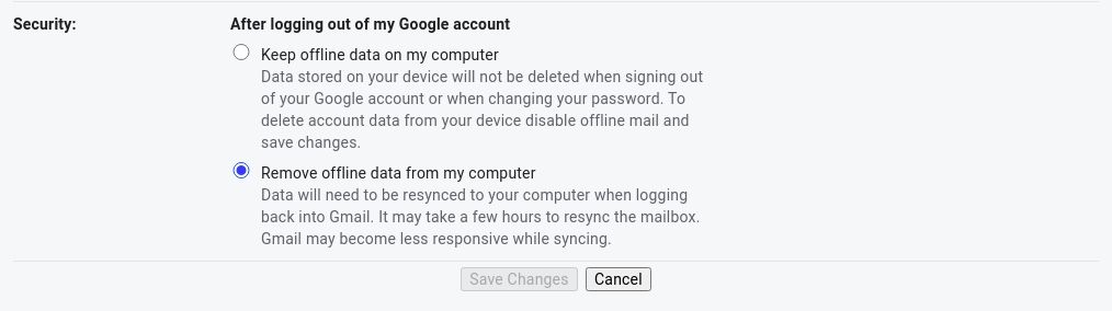 Security settings in Gmail offline settings