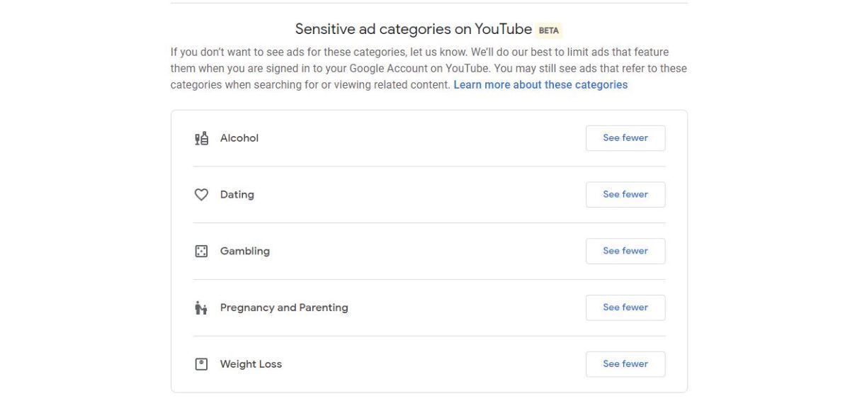 Sensitive ads section on Google Account