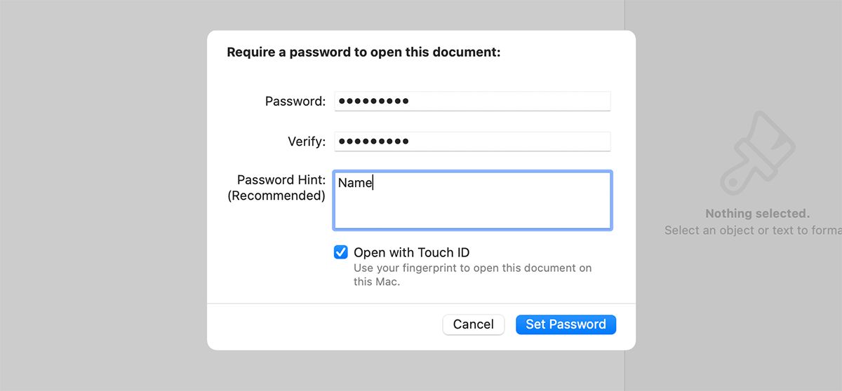 Enter Password, Password Hint and Save to Touch ID