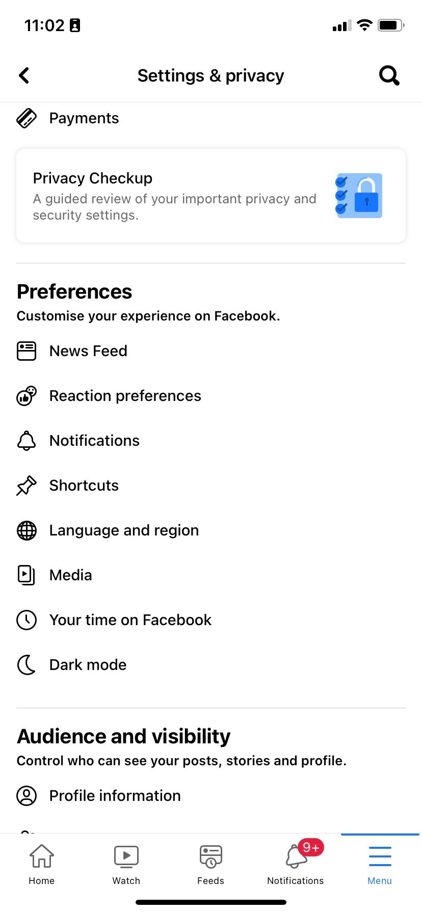 Settings and privacy page in Facebook's iOS app