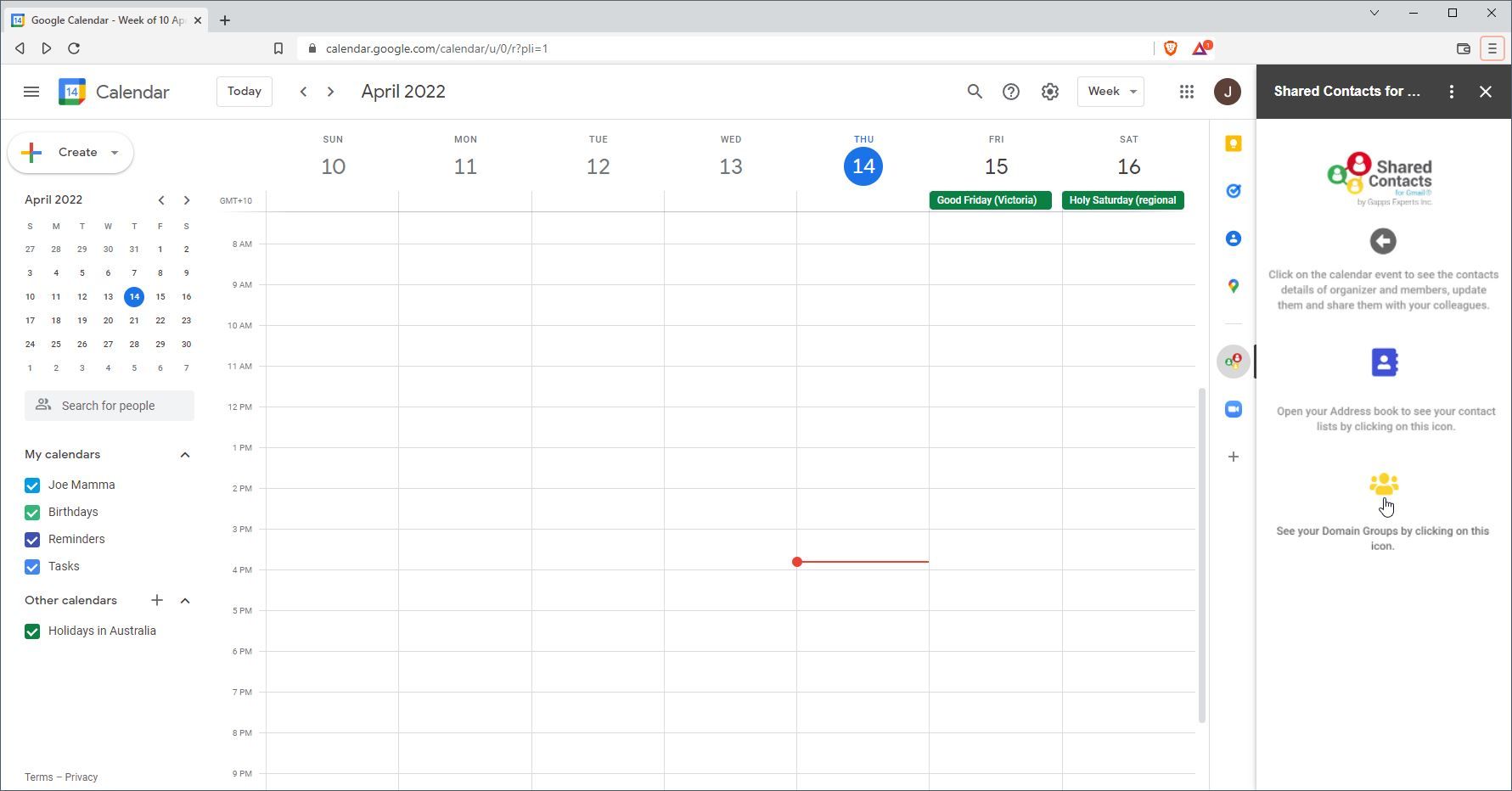A Screenshot of Shared Contacts for Google Calendar in Use