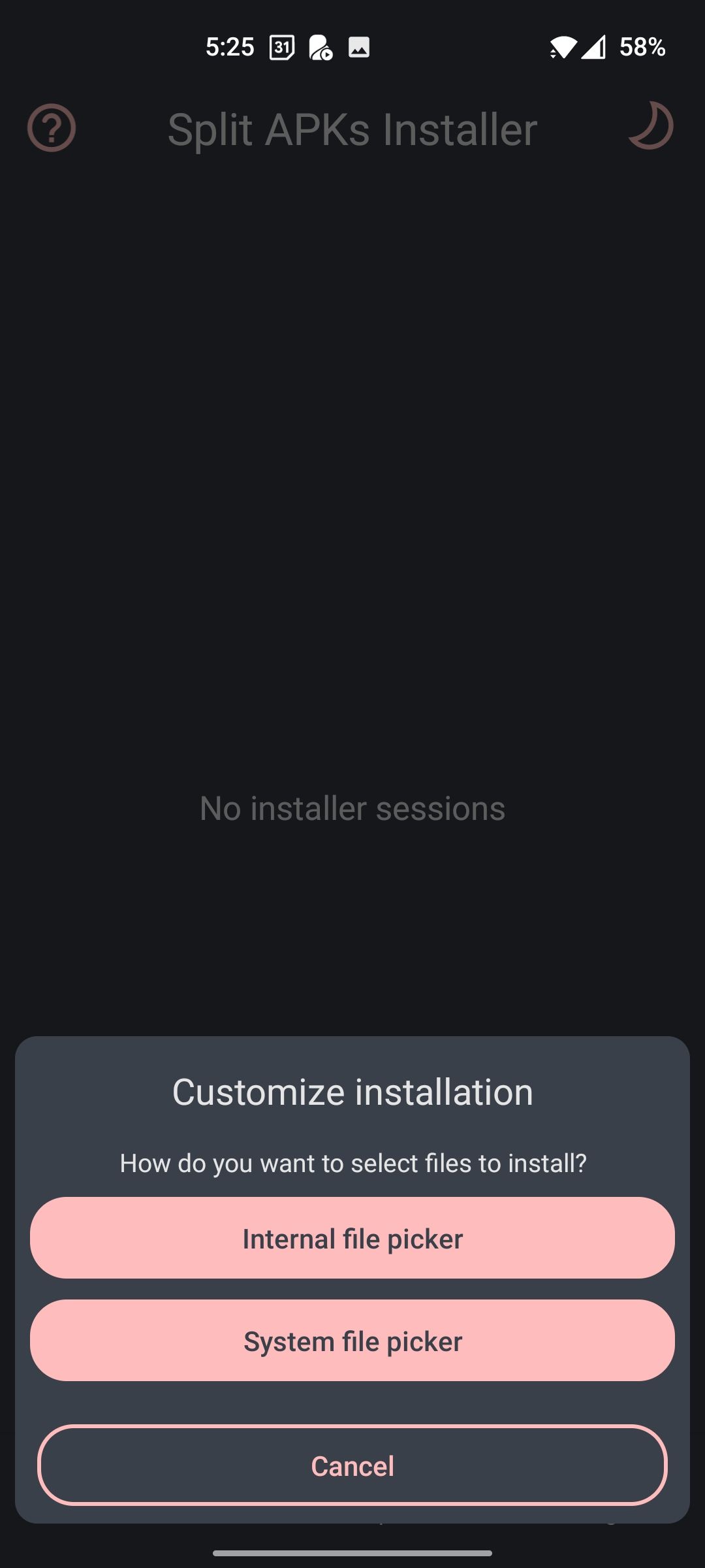 گزینه انتخابگر فایل در Split APK Installer