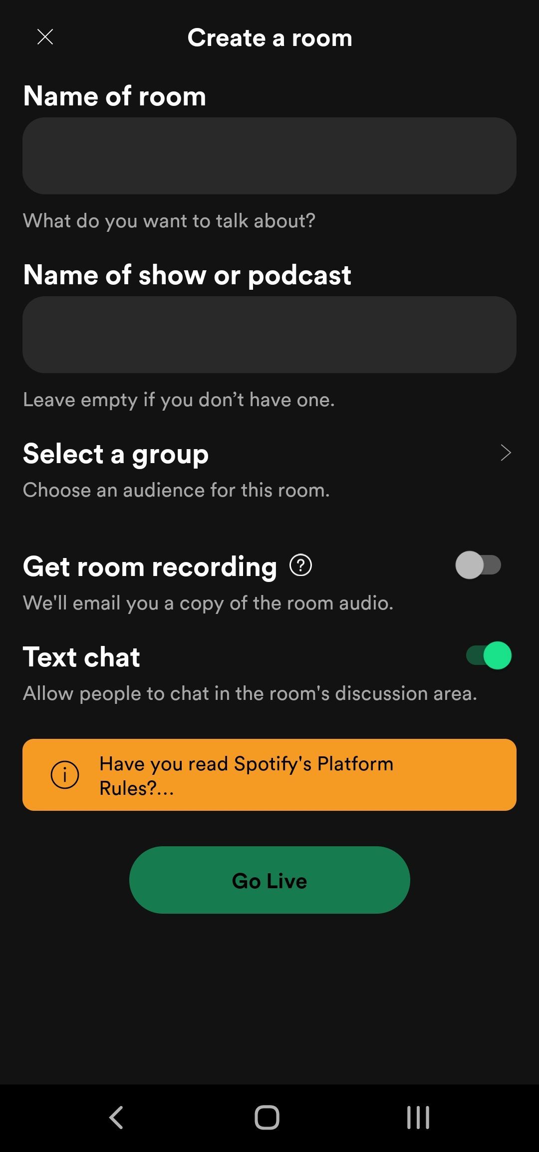 Spotify Live Create Room