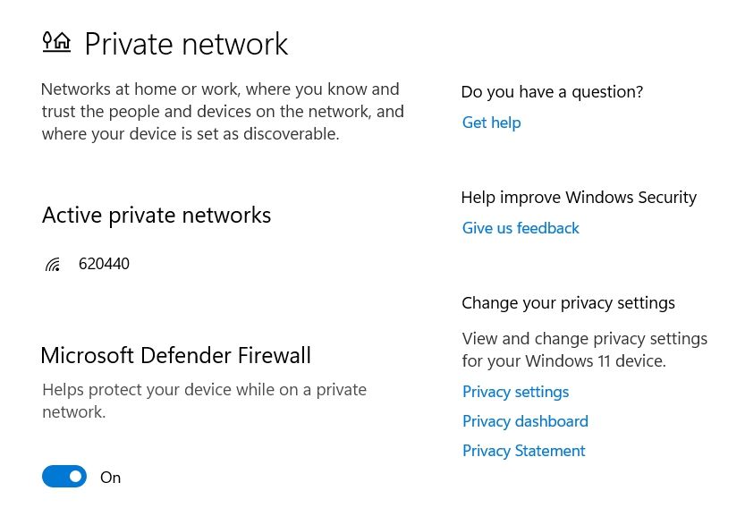 Window showing Microsoft Defender Firewall toggle