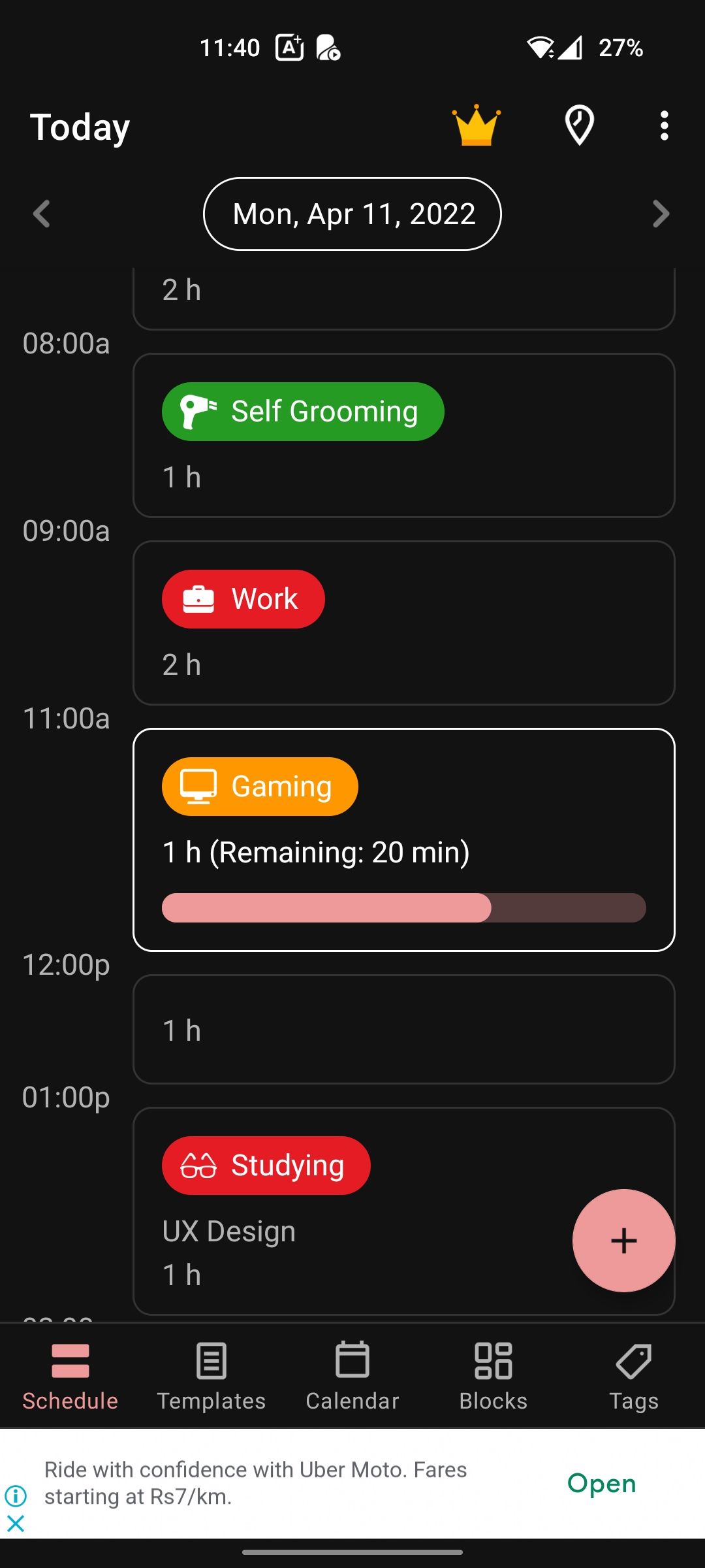 TimeTune schedule with a time block format