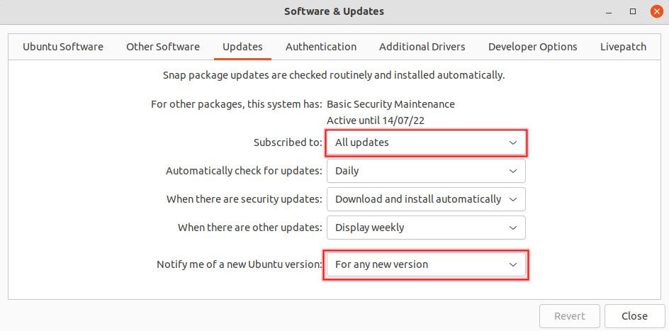 Ubuntu software update settings