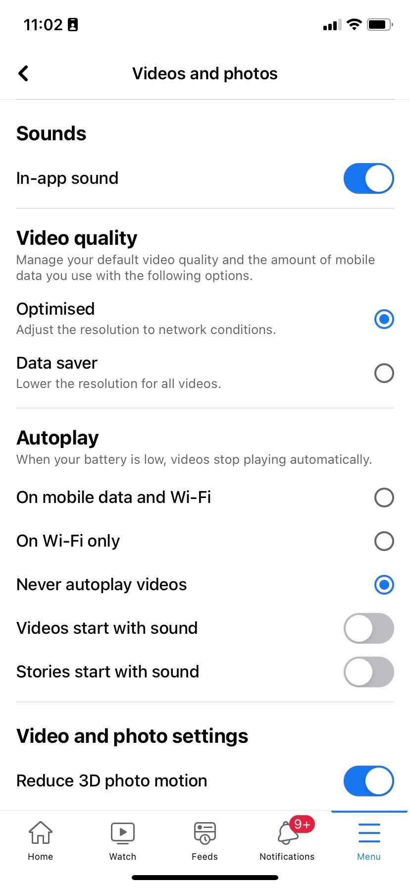 Video and photo settings in Facebook for iOS