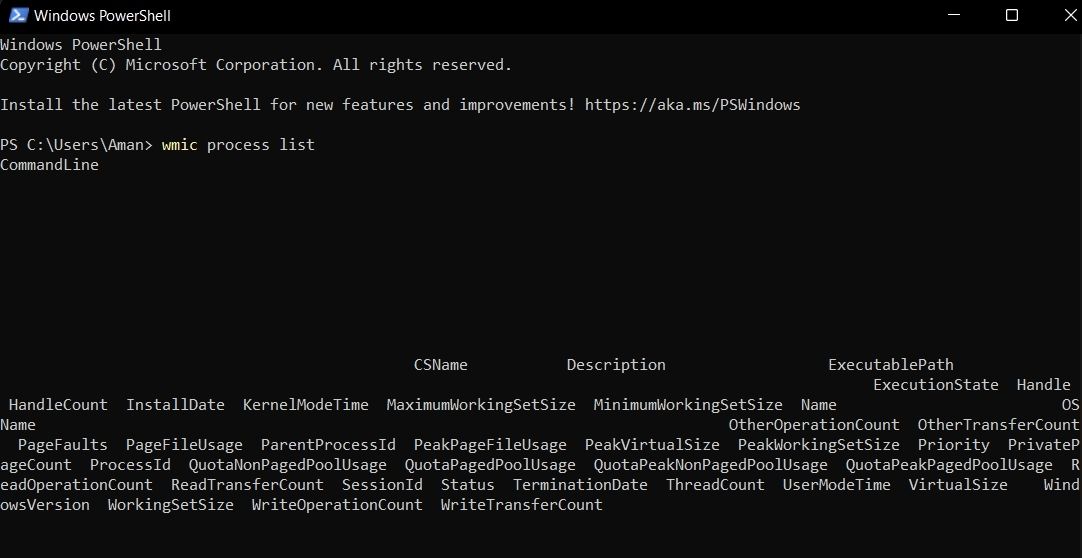 Windows PowerShell showing the result on executing wmic command