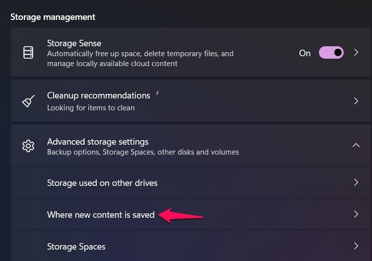 Window pointing at Where new content is saved under Advanced storage settings