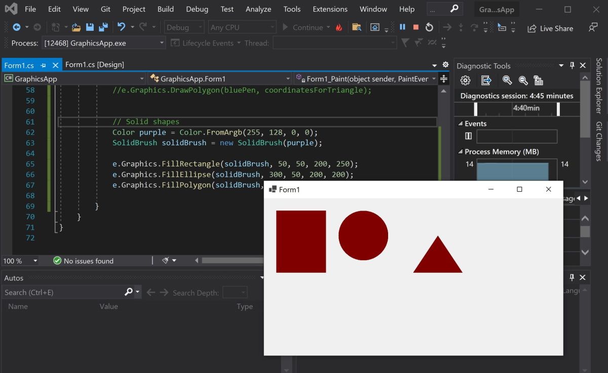 Visual Studio app running to show filled shapes on canvas