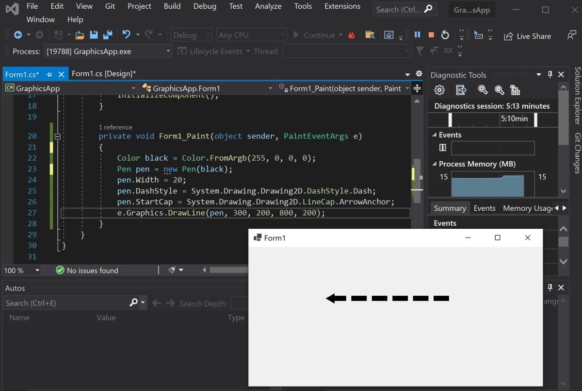 Visual Studio App running with a line