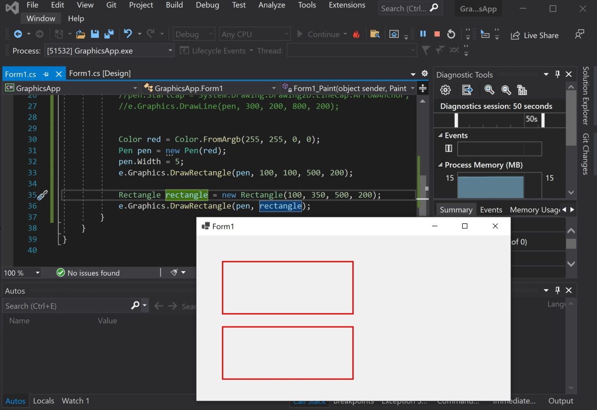 Visual Studio application running to show rectangles