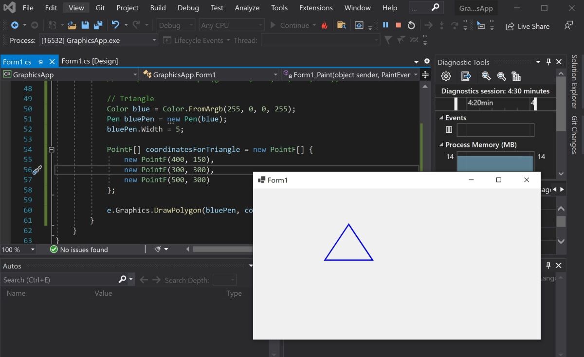 Visual Studio app running to show triangle on canvas