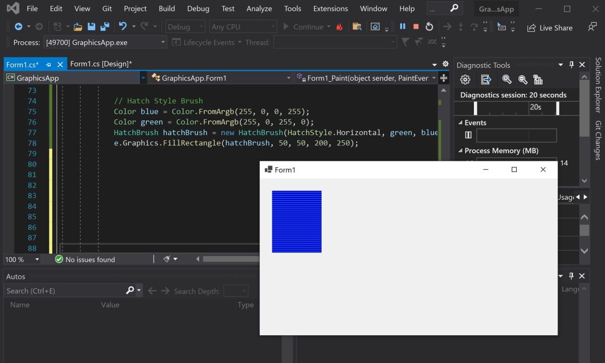 Visual Studio app open to show rectangle with horizontal pattern design fill