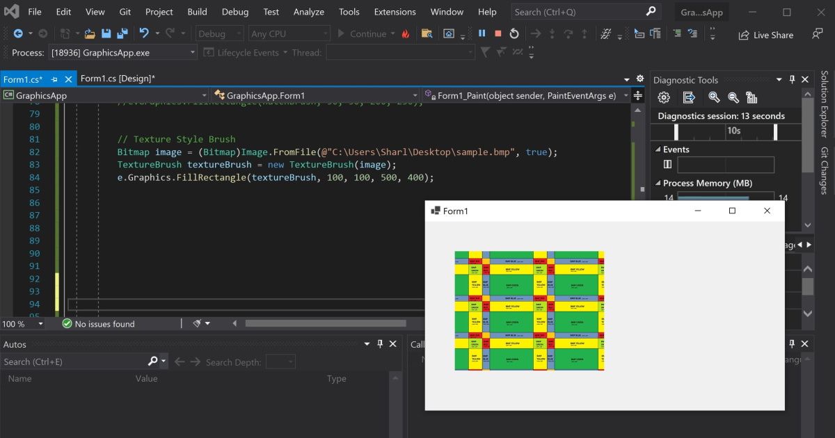 Visual Studio app open to show shape filled using an image