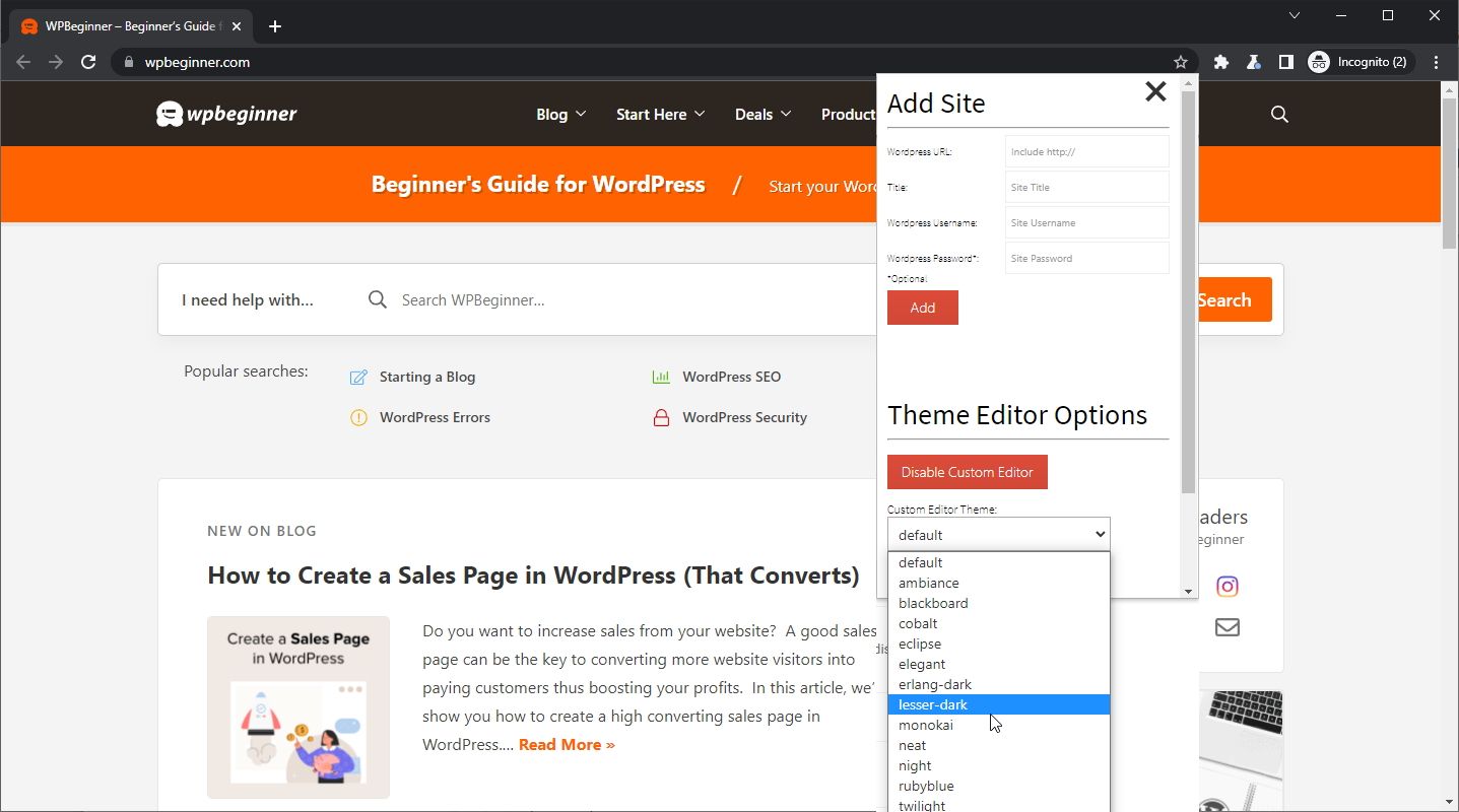 A Screenshot of the Wordpress Site Manager Extension in Use