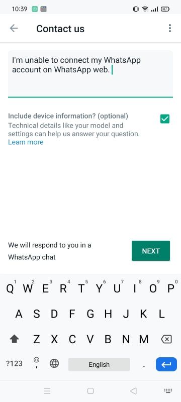 Writing the Problem to Report It to WhatsApp in WhatsApp Mobile App