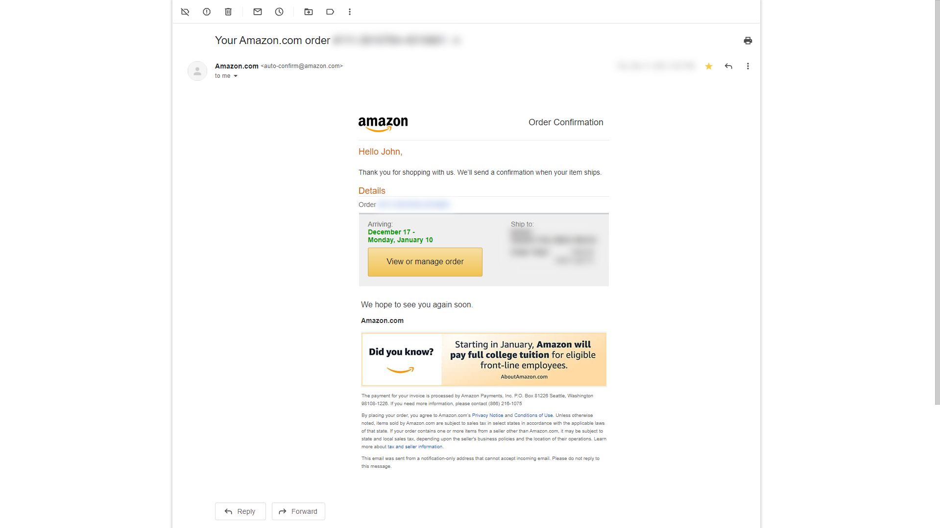 a legitimate Amazon Order Confirmation email