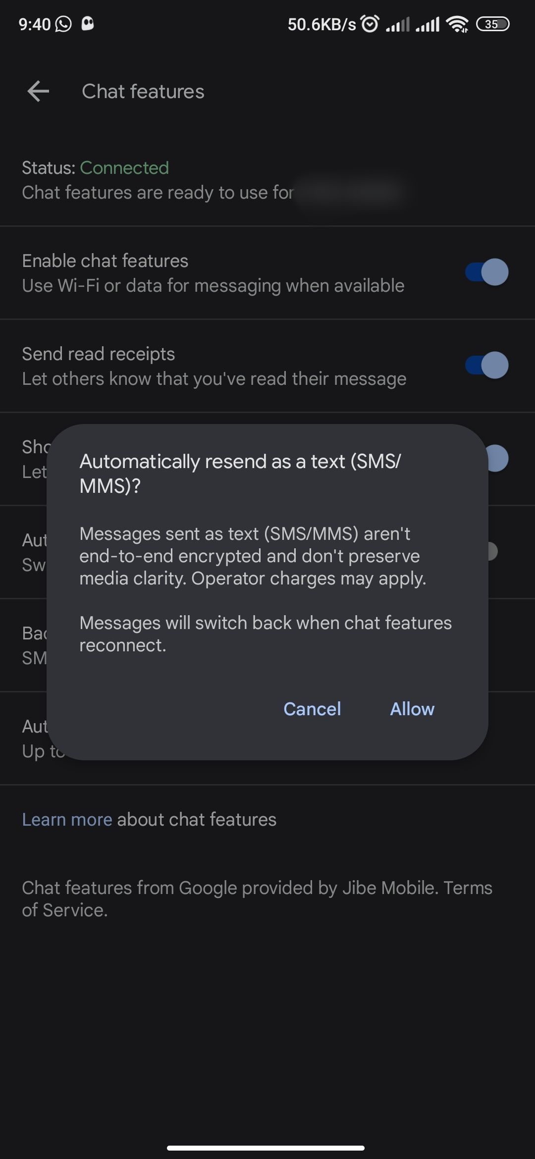 Enabling Automatically resend as text SMS and MMS in Google Messages