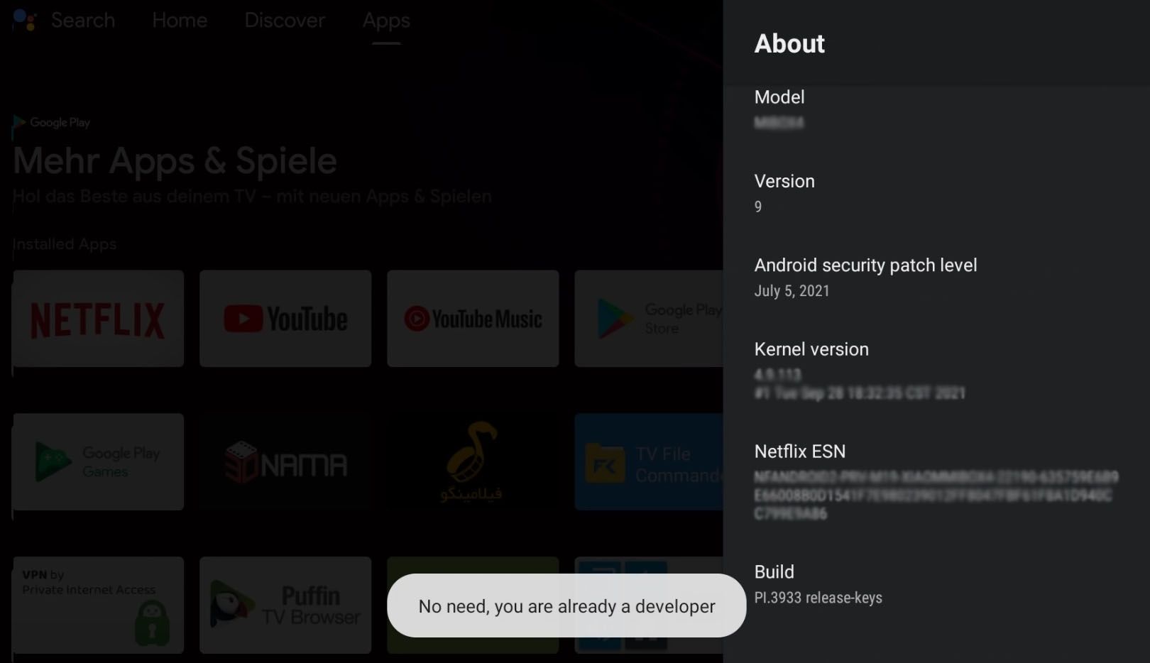 Enabling developer mode on Android TV.
