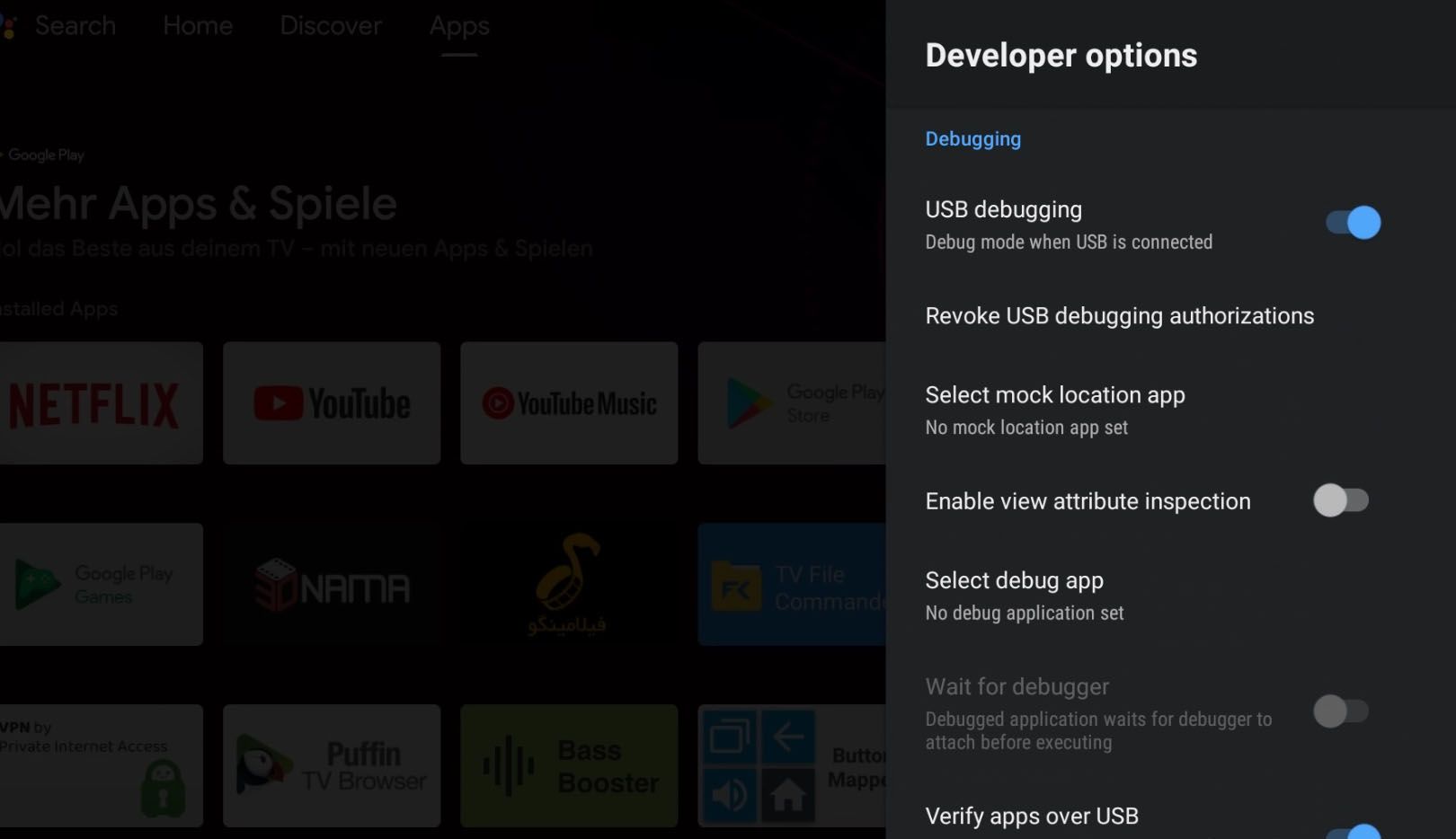 Developer options in Android TV. 