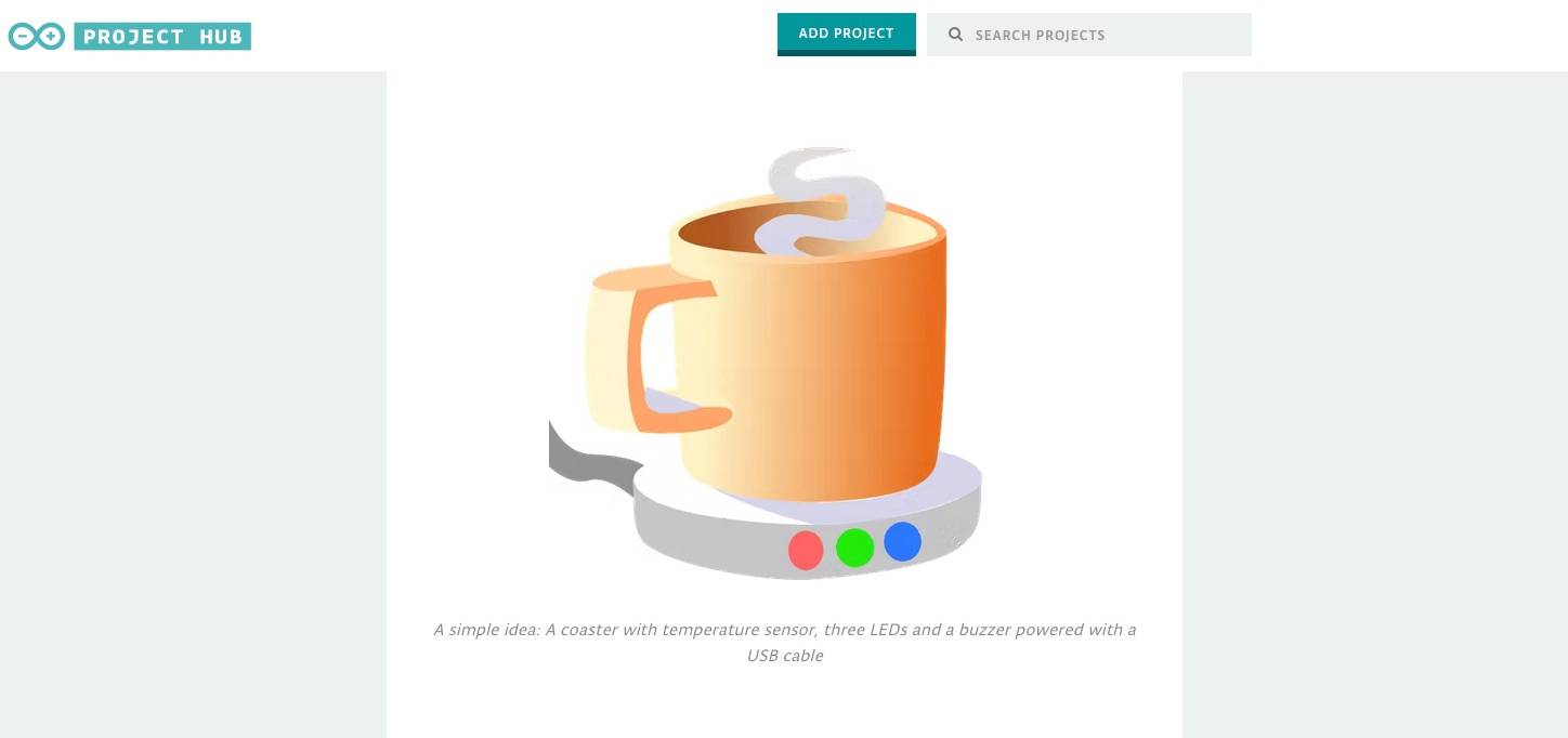 An illustration of a mug on a coaster that has three LED lights embeded in it