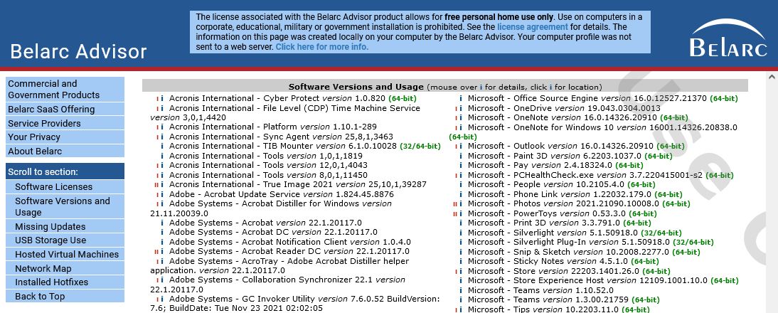 belarc advisor software report