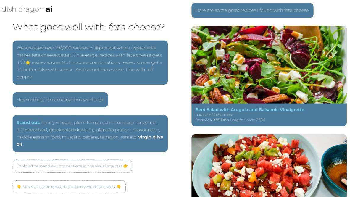 Dish Dragon از یادگیری ماشینی برای تطبیق مواد با مواد غذایی مکمل استفاده می کند و بر اساس آن دستور العمل هایی را در اختیار شما قرار می دهد