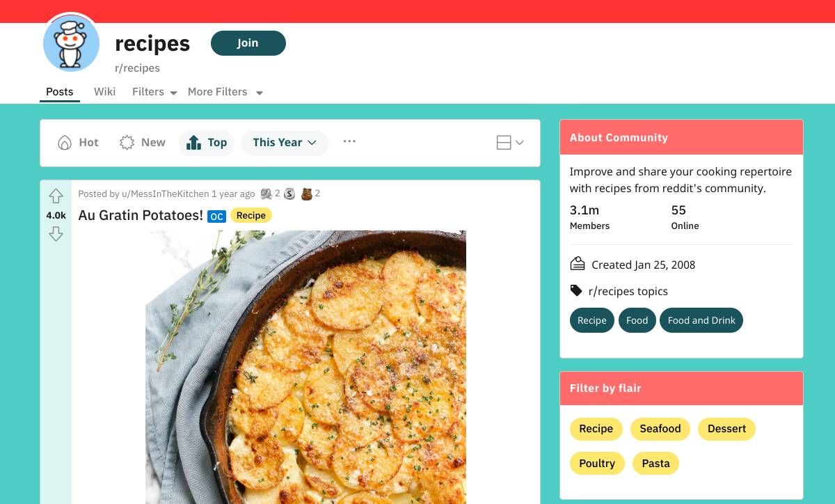 r/Recipes بزرگترین انجمن اشتراک‌گذاری دستور غذا در Reddit است که مکانی فوق‌العاده برای جستجوی دستور غذاها است.