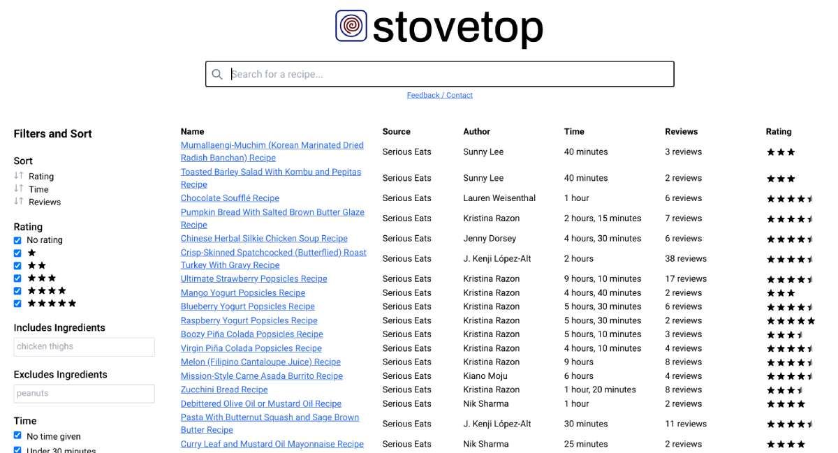 Stovetop یک موتور جستجوی دستور العمل قدرتمند با فیلترهایی مانند زمان پخت و پز، بررسی ها و رتبه بندی است