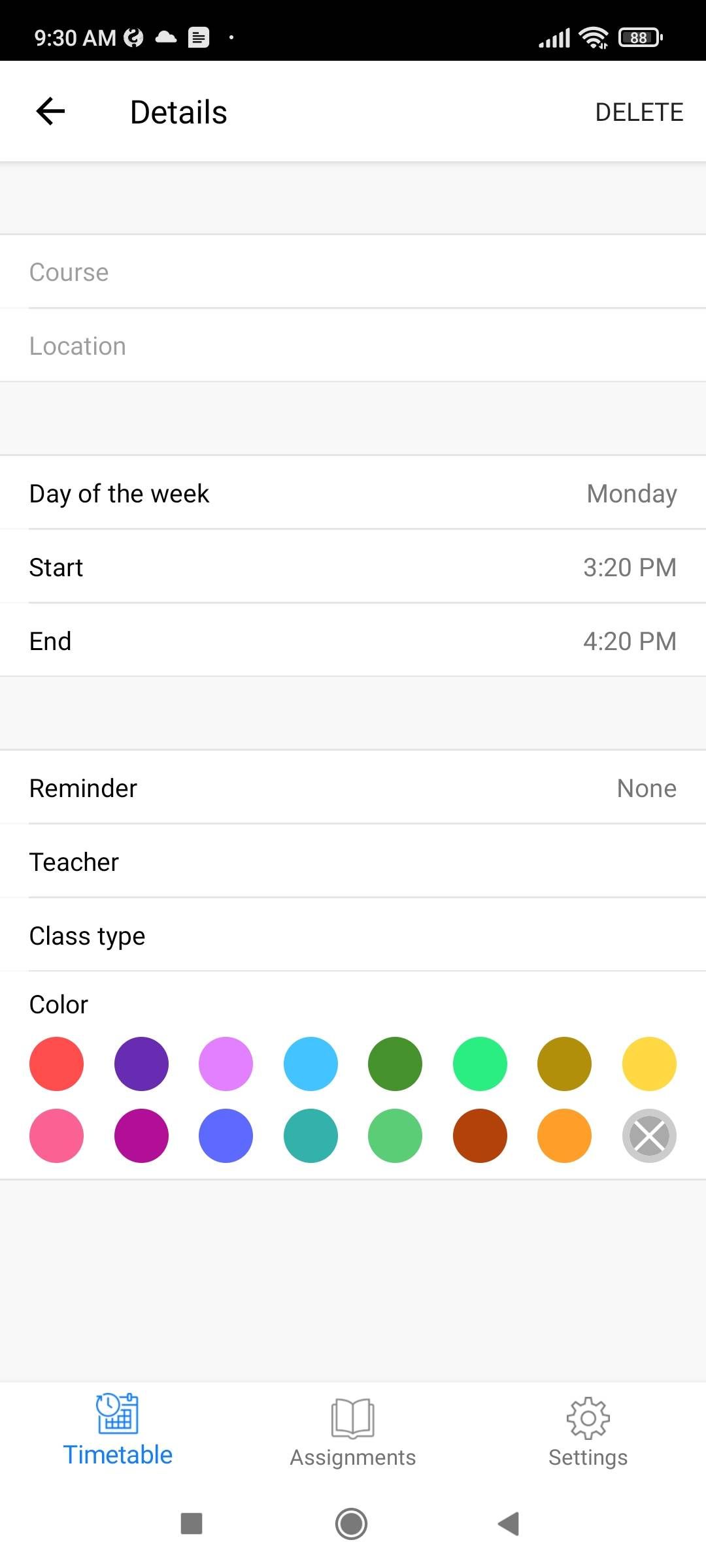 Set the class's name, teacher, location, date and timing, and assign it a color to group similar classes together