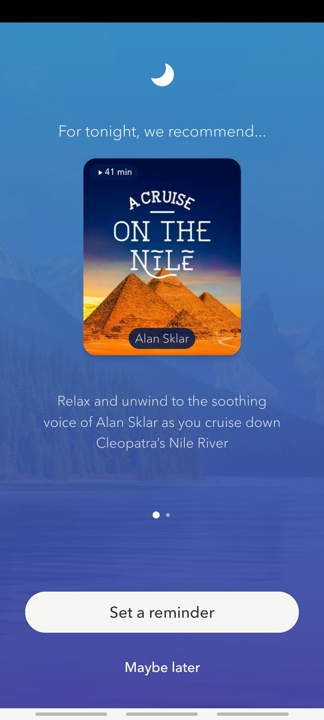 calm app recommending a certain book to listen to while falling asleep