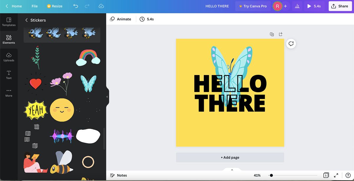 Canva canvas with yellow background showing text with masked butterfly wings folded in..