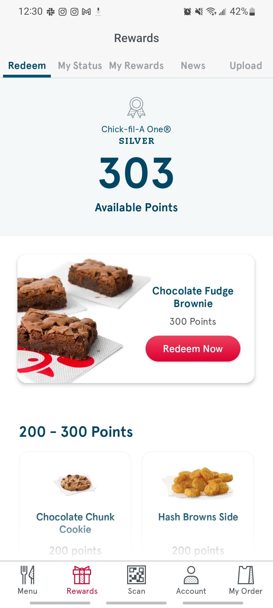 chikfila rewards screen showing available points