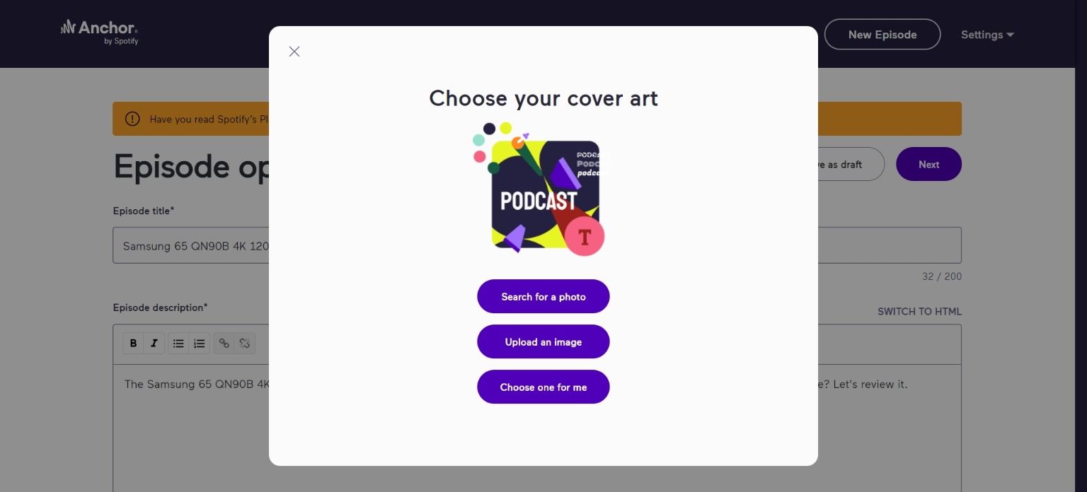 Anchor's choose your cover art pop-up