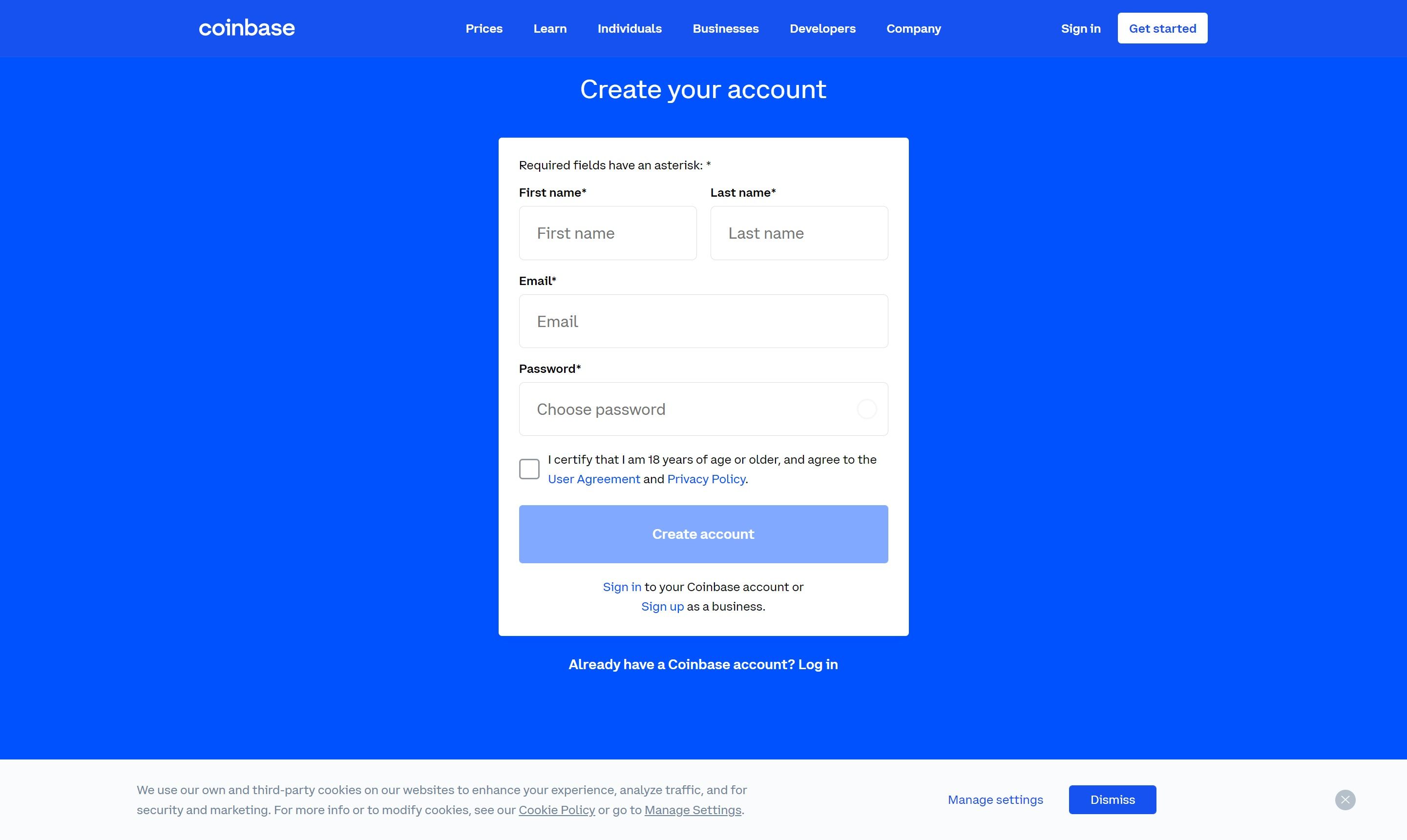 Screenshot of Create an Account Screen on Coinbase
