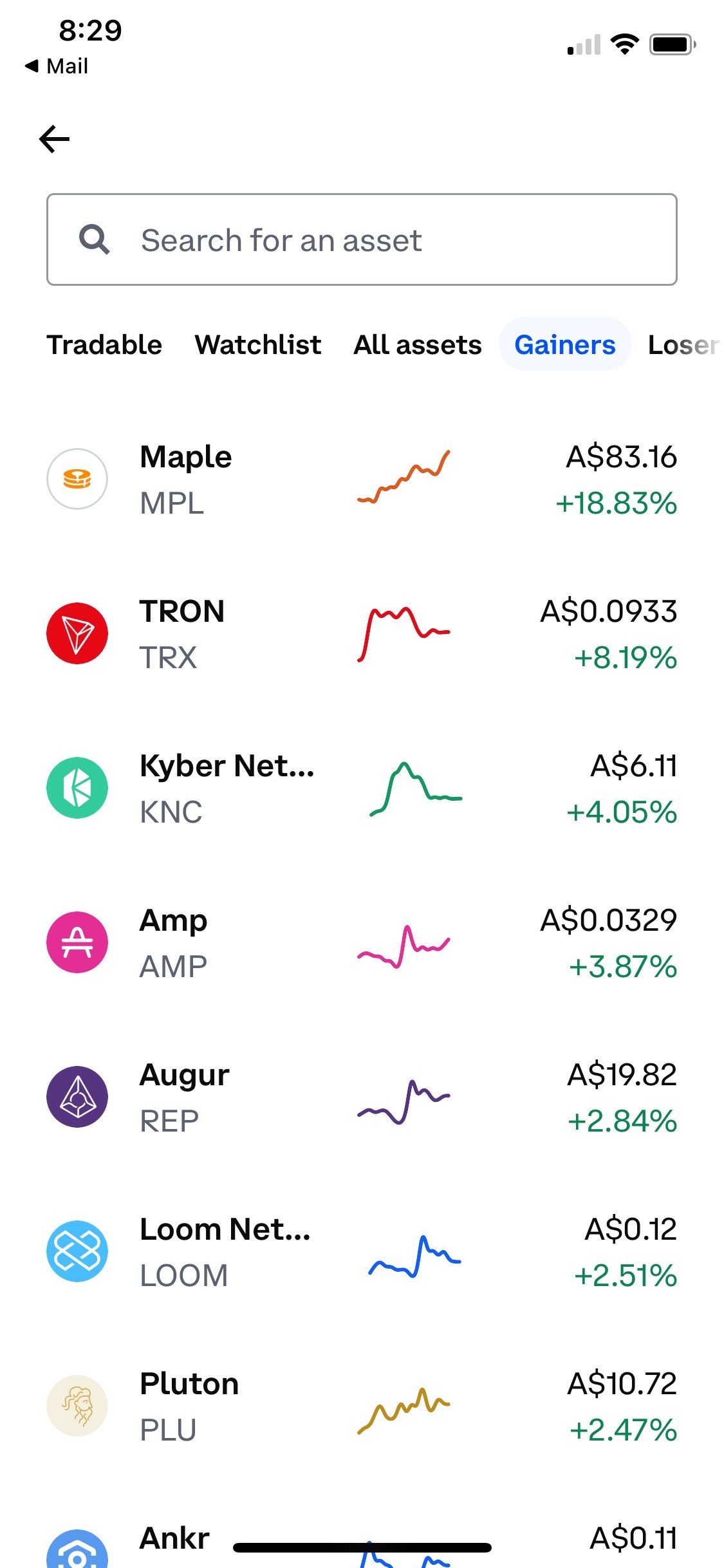 coinbase app gainers tab