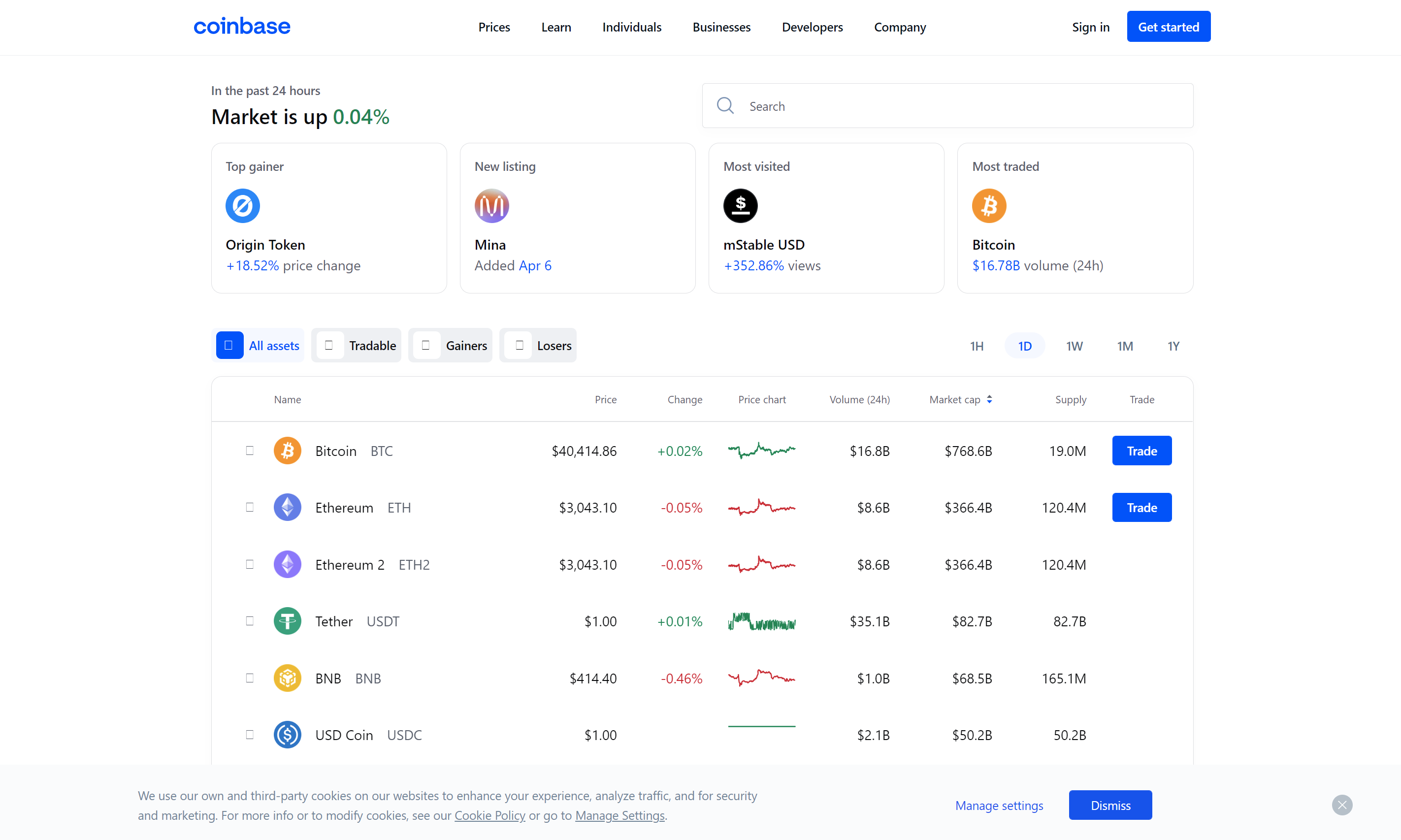 Screenshot of the Prices page in Coinbase