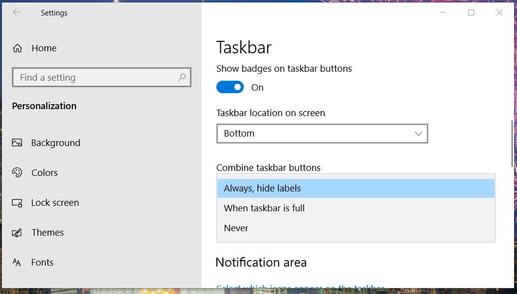 The Combine taskbar buttons drop-down menu in Windows 10
