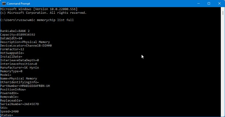 Command Prompt tool showing a typed memory command