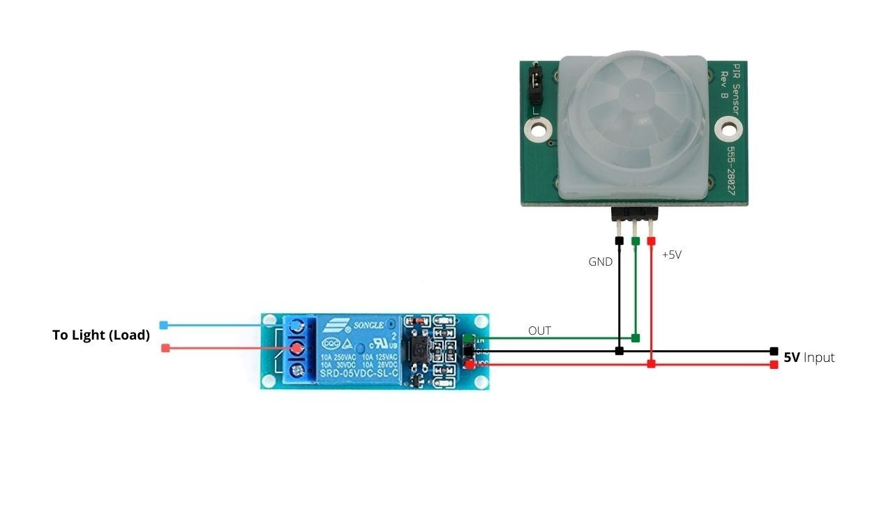 image showing pir or microwave motion sensor connection to relay