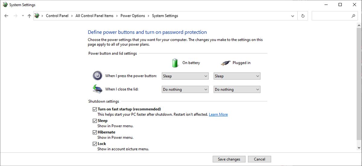 Control Panel settings in Windows 10.