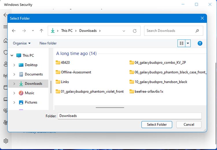 Screenshot of Microsoft Defender custom scan