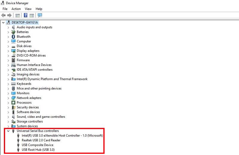 Universal Serial Bus controllers highlighted in Device Manager