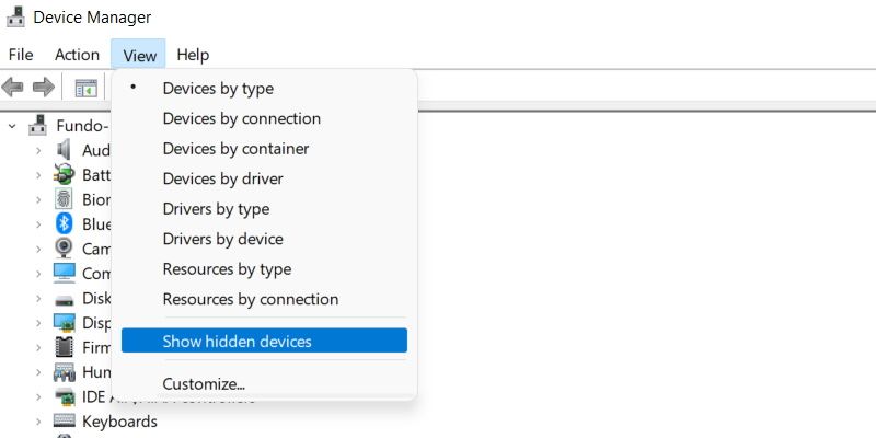 Showing hidden devices in Device Manager in Windows.