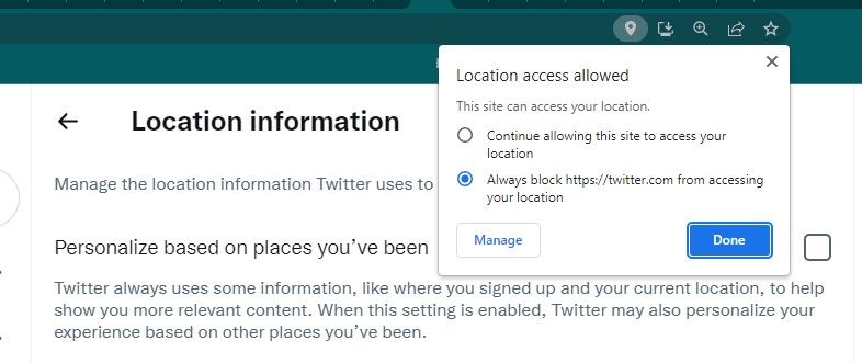disable twitter location chrome