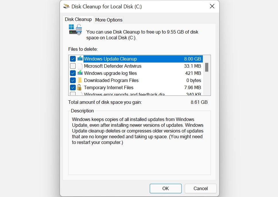 Параметры очистки диска в Windows 11.