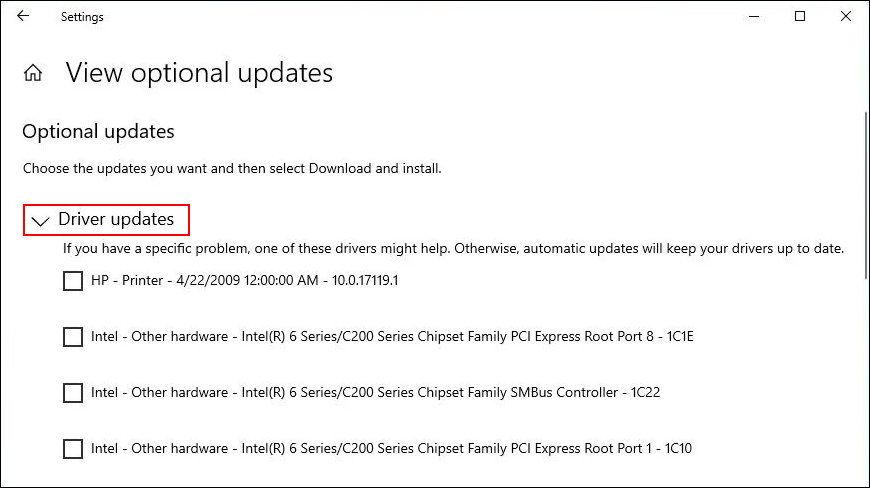 Available driver updates on Windows