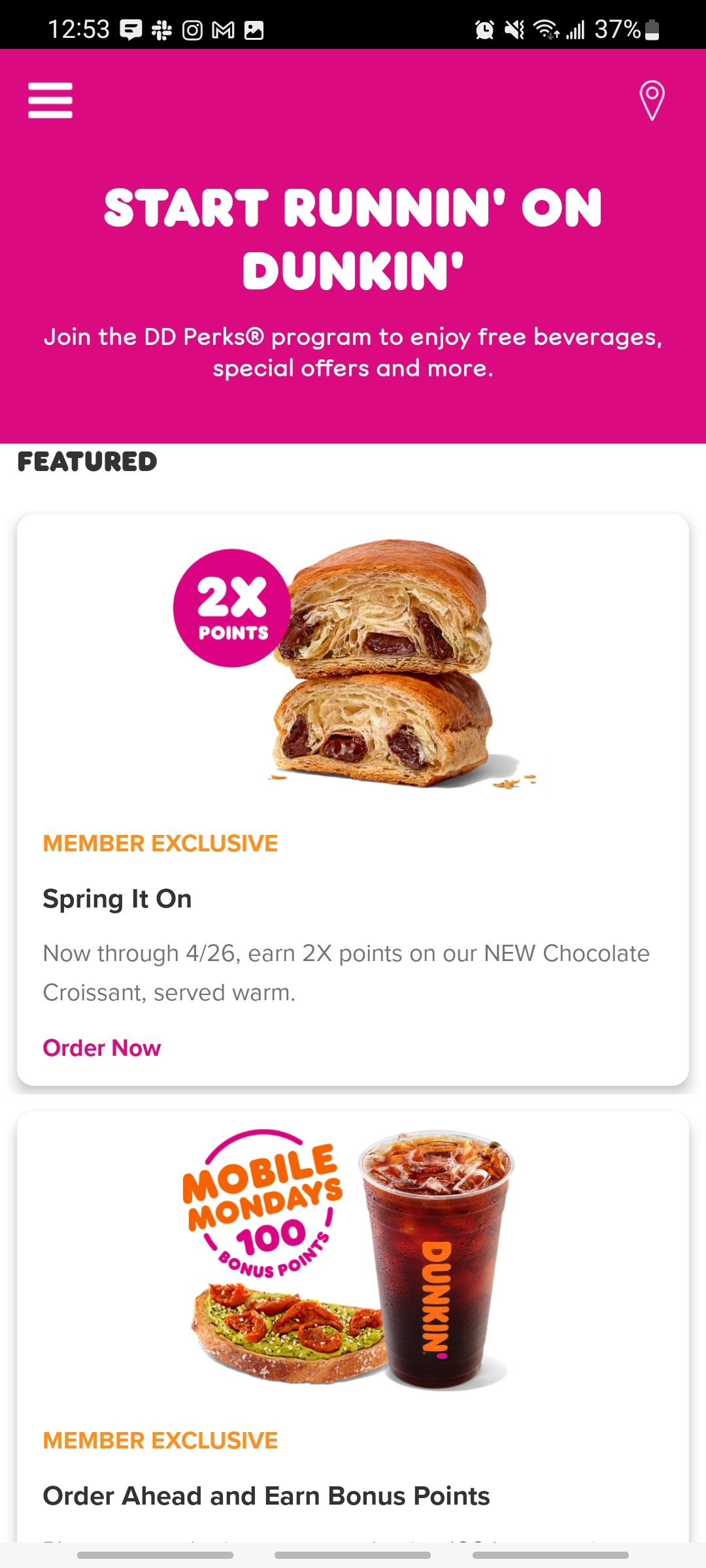 dunkin donuts app home screen showing featured bonus point offers